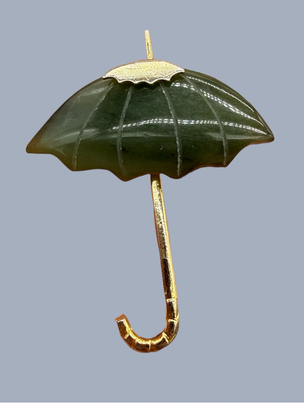 Nephrite Umbrella Brooch with Gold-Tone Handle- Vintage Stone